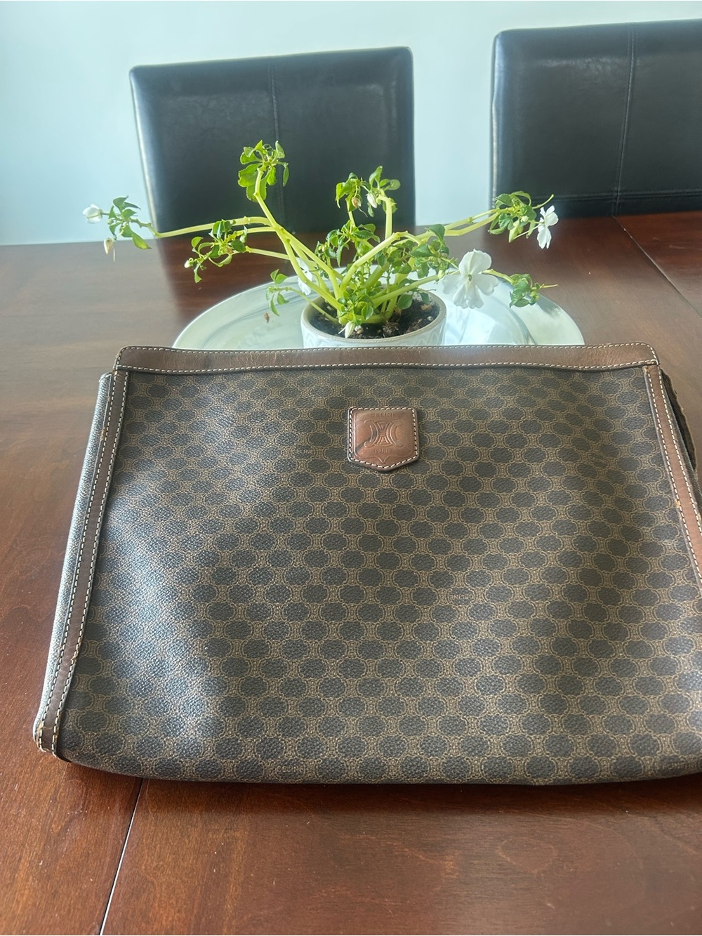 Celine Brown Patterned Bag with Tan Trim